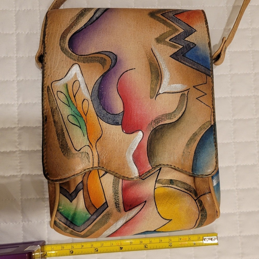 VTG Unique Hand Painted Abstract Art Leather‎ Crossbody Purse Tan Strap 70s 80s - Picture 9 of 10